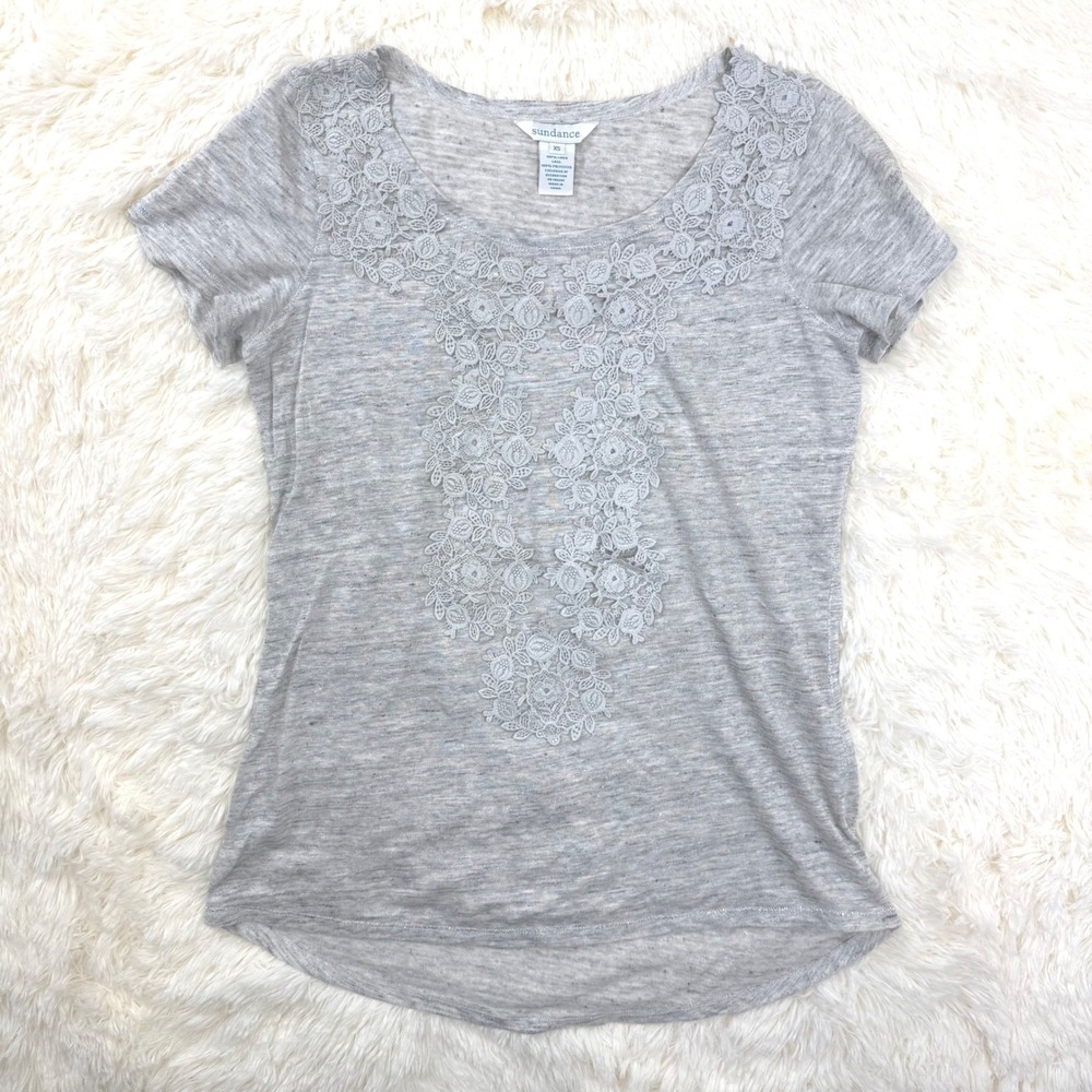 Sundance Top Women XS Gray Linen Lace Bib Short Sleeve Metallic Hem Romantic